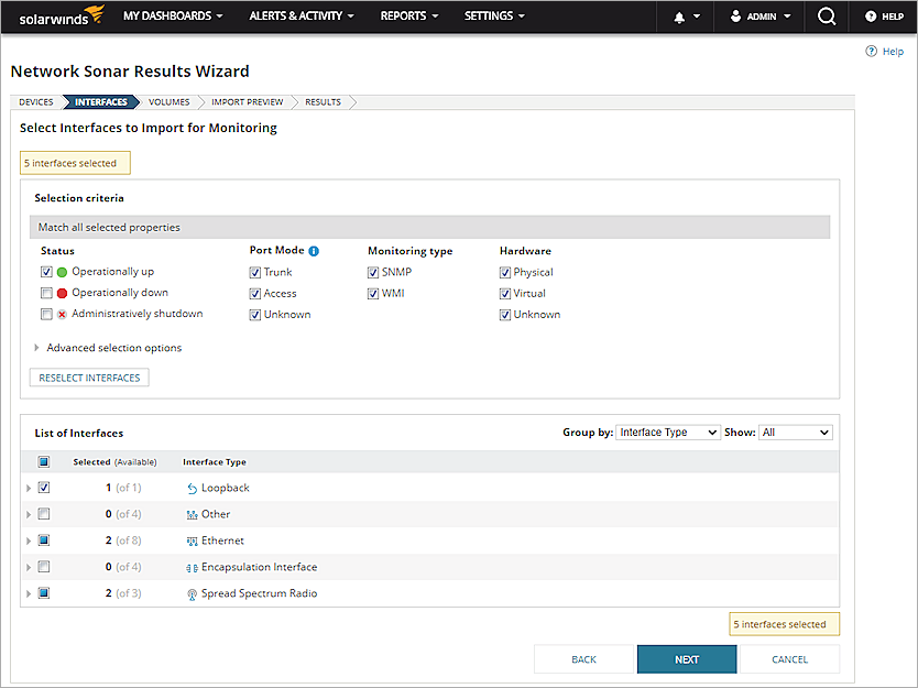 Screen shot of the network discovery results for interfaces in SolarWinds